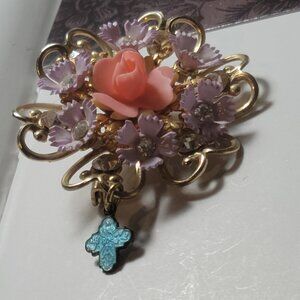 Antique Brooch Christian Peach Rose and a Cross says Protect us